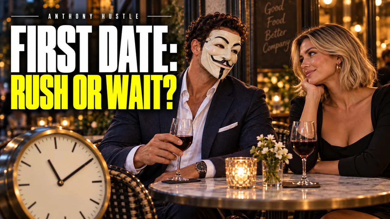 A clock beside a seated date, FIRST DATE: RUSH OR WAIT?