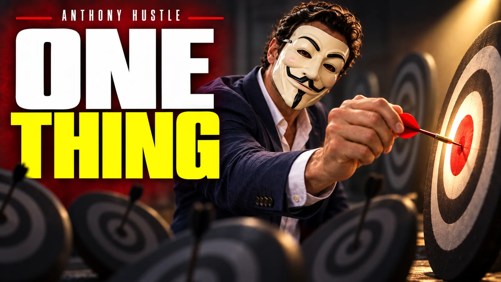 Anthony Hustle artwork showing a masked man placing a dart in one target among many, beside the words One Thing.