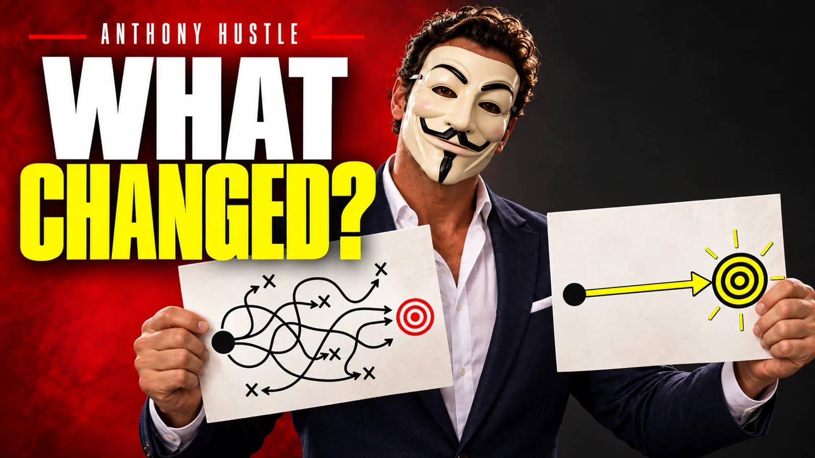 Anthony Hustle artwork showing a masked man comparing tangled routes with a straight arrow to a target, beside the words What Changed?