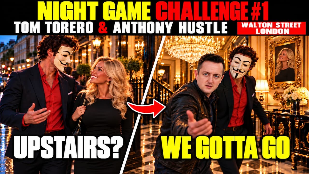 Night Game Challenge #1: Anthony and a blonde woman outside a London doorway, with Tom signalling that they need to leave upstairs.