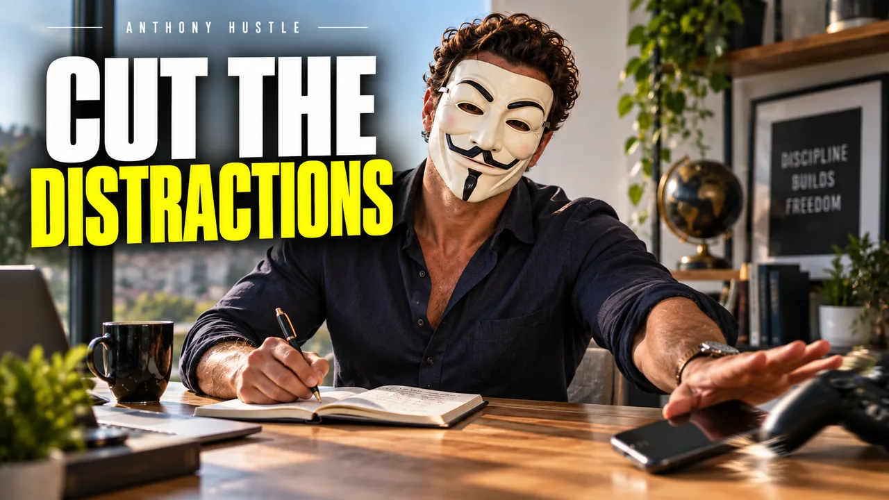 Masked Tony pushing a phone aside to write, CUT THE DISTRACTIONS.