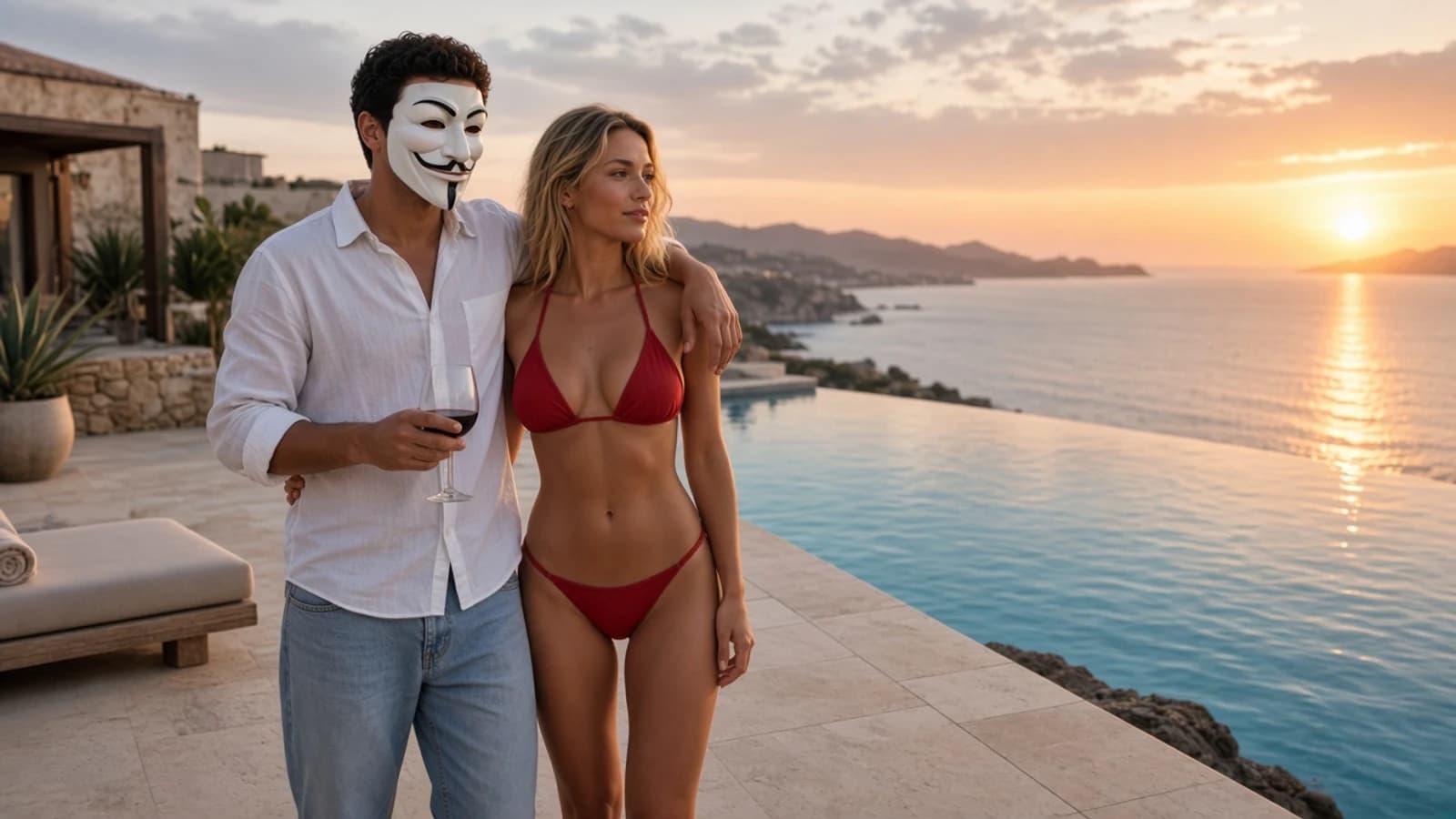 Anthony Hustle and a woman at an infinity pool.