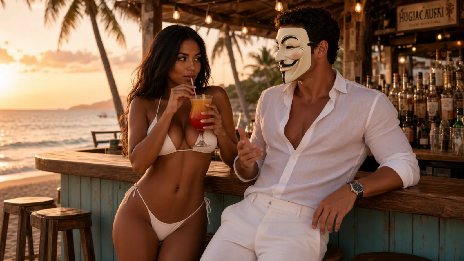 Anthony Hustle at a Dominican Republic beach bar at sunset, talking to a woman drinking a cocktail